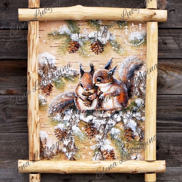 Cute Squirrels With Pinecones, Birch Bark Painting by MyWildCanvas.jpg