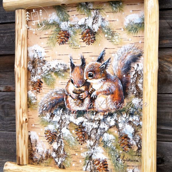 Cute Squirrels With Pinecones, Birch Bark Painting by MyWildCanvas-2.jpg