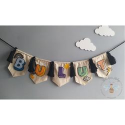 personalized name banner with letter, punch needle pennant, 3 d letters, linen wall hangings, nursery name sign