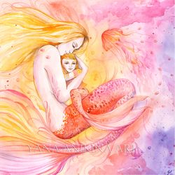 Mother and Daughter Mermaids Painting Mermaid Mom and Daughter Baby Art Original Mermaid Mother and Child Watercolor