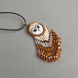 native american pendant owl,  beaded owl pendant, pendant with beaded fringe, gift for girlfriend