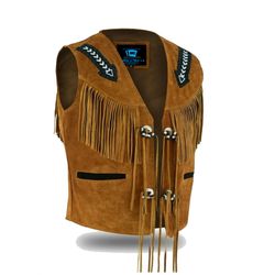 native american western cowboy suede leather fringe waistcoat