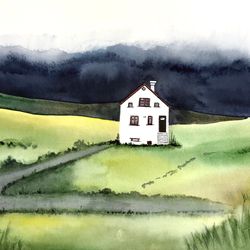 original watercolor painting,  mountain house, scandinavian landscape, 11 by 14 inches