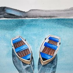 Original watercolor painting, Two boats, 11 by 14 inches