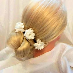 Silk Flower Hair Pins, Bridal ivory flower hair pin with rhinestone, Wedding hair pin with silk flower, Set of hair pins