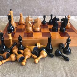 Wooden chess set 1980s vintage, Soviet big chess set, Old Russian weighted chess USSR