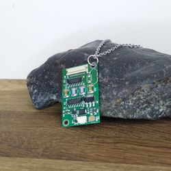 Rectangle circuit board necklace Cyberpunk necklace recycled Green futuristic pendant jewelry unisex