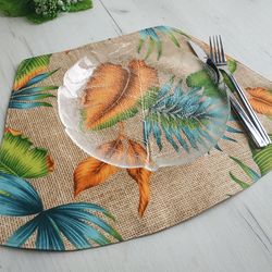 Palm leafs placemats set of 6, 4 or 2, wedge placemats with water-repellent coating, washable placemat for round table