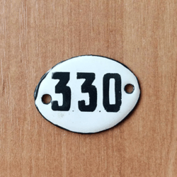 Vintage enamel metal number 330 apartment door sign black white