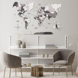 3D World Map Wall Art, Minimalist Black and White Decor, Office Decor, Concrete World Map by Enjoy The Wood