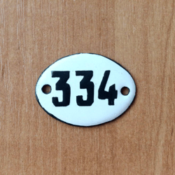 Enamel metal apartment number sign 334 small address door plate black white