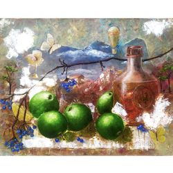 Green apples Still life Original Art oil painting fantasy painting Landscape Canvas 16x20 in