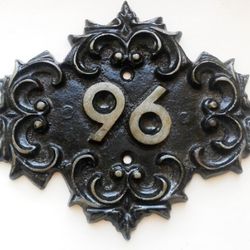 Old fashioned cast iron address number 96 door sign plaque vintage