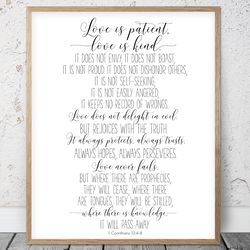 love is patient love is kind, 2 corinthians 13:4-8, bible verse printable wall art, scripture prints, christian gifts
