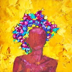 African Queen Painting Woman Original Art African American Oil Painting Flowers Impasto Artwork