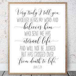 Whoever Hears My Word And Believes Him, John 5:24, Bible Verse Printable Wall Art, Scripture Prints, Christian Gifts