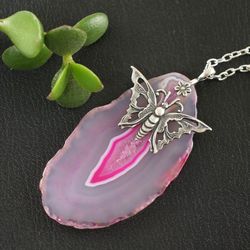Pink Agate Slice Necklace Silver Butterfly Necklace Pink Fuchsia Agate Slab Slice Stone Pendant Necklace Jewelry 5453