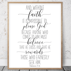 and without faith it is impossible to please god, hebrews 11:6, kid bible verses, printable wall art, scripture prints