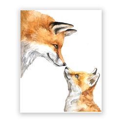 Watercolor Fox Art Print, Mom and Baby Fox Print, Nursery Wall Art