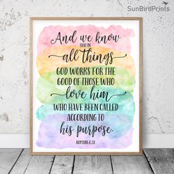 In All Things God Works For The Good Of Those Who Love Him, Romans 8:28, Kid Bible Verse Printable Art, Scripture Prints