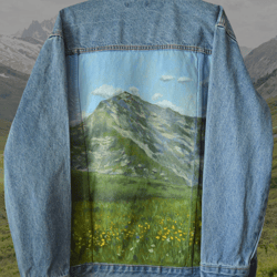 painted jean jacket, hand painted jacket, custom jacket, painted denim jacket, landscape mountain, mountain painting