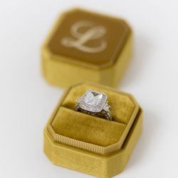 Grand Velvet Ring Box Monogrammed - OCTAGON COVER BOTTOM - Vintage Style Handmade Monogram Engagement Wedding Proposal