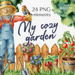 Gardening, farmhouse clipart. Watercolor hand-painted images. Invitations, cards, wishes, stickers, planners, wall art.