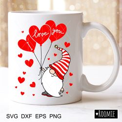 I Love You Mug Design, Valentine Gnome with Heart Balloons Svg, Scandinavian Gnome Svg, Valentine Shirt, Gnome Cricut