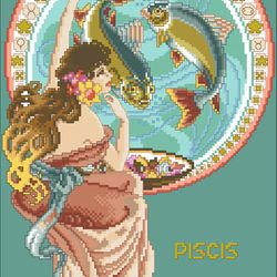 PDF Cross Stitch Pattern - Counted Zodiac Signs - Zodiac Sign Pisces - Reproduction Vintage Scheme Cross Stitch