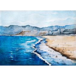 california painting beach original art ocean coast painting small watercolor artwork seascape wall art by alyonart