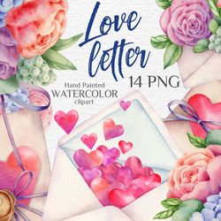 Valentine's Day decoration. Watercolor clipart. Red hearts, flowers, envelopes. Love notes. wishes, cards. Printable PNG