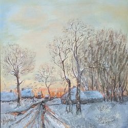 Winter Landscape Oil Painting original art Last Snow Field Art Thaw Handmade Sunset Wall Art Winter 20x16 inches