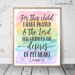 For This Child I Have Prayed, 1 Samuel 1:27, Bible Verse Printable Art, Scripture Prints, Christian Gifts, Kid Room
