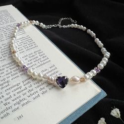 Purple heart jewelry , Pearl necklace , Heart necklace