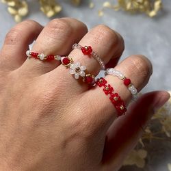 Red flower rings, Handmade rings set, Dainty rings, Cute jewelry, Love ring