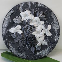 Round painting with flowers from decorative plaster, flower plaster sculpture,  handmade wall decor.
