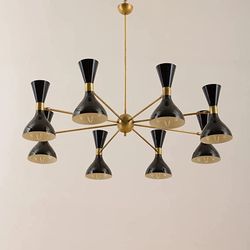 8 arms Italian chandelier with diabolo shades in Stilnovo style