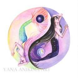 Mermaid Yin Yang Painting Zen Mermaid Original Art Yin Yang Artwork Watercolor. MADE TO ORDER