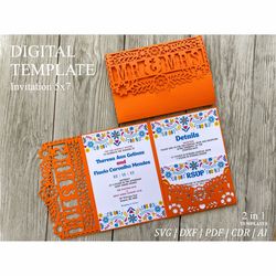 set 5x7 mexican wedding invitations tri-fold svg template & place card, fiesta papel picado invitation laser cut cricut