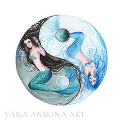 Mermaid Yin Yang Painting Zen Mermaid Original Art Yin Yang Artwork Watercolor. MADE TO ORDER