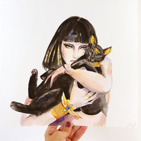 cleopatra-painting-bastet-original-art-egyptian-cat-watercolor-egyptian-goddess-artwork-egyptian-wall-art-1.jpg