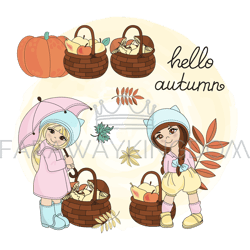 hello autumn nature season cartoon vector illustration set