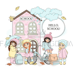 hello school girl children cartoon vector illustration set