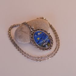 Silver pendant necklace Starry Night Vincent Van Gogh hand embroidery jewelry embroidered pendant with chain gift idea