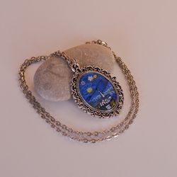 silver pendant necklace starry night vincent van gogh hand embroidery jewelry embroidered pendant with chain gift idea