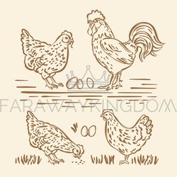 hen cock hand drawn sketch farm monochrome vector set