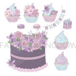 holiday sweets floral birthday dessert vector illustration set