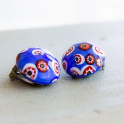 Antique murano glass clip earrings Blue millefiori earrings Russian jewelry