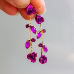 Purple rose long earrings Silver floral dangle earrings