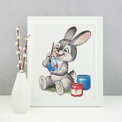 Easter Bunny painting egg cross stitch pattern, cross stitch chart for home decor and gift, Instant download PDF files